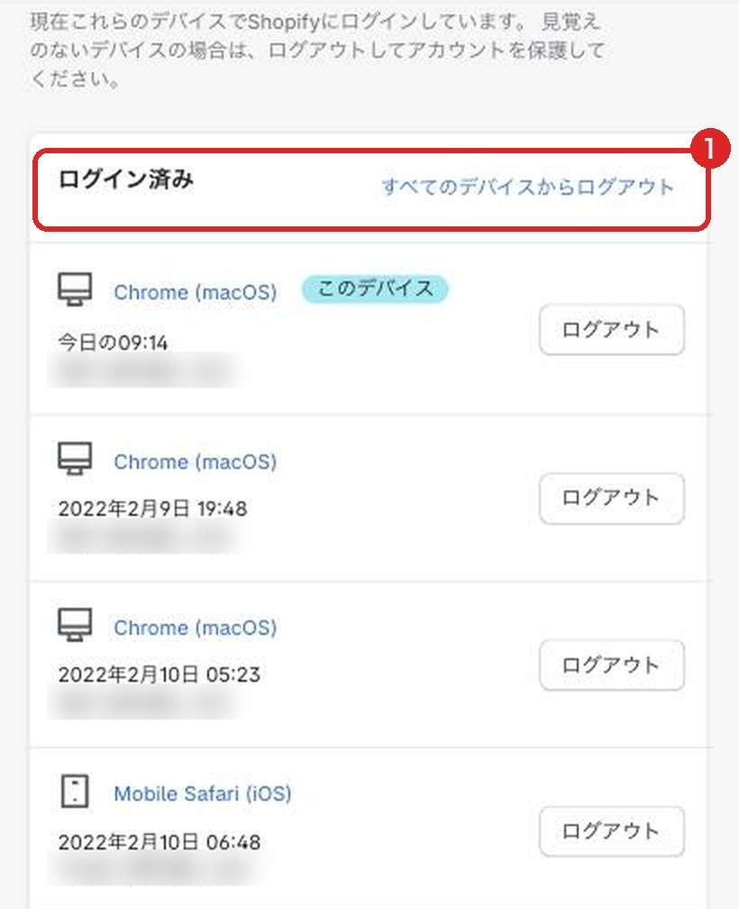 Shopifyのアカウントのセキュリティの画面の、ログイン中のデバイスの一覧。すべてのデバイスからログアウトするボタンがある（1）