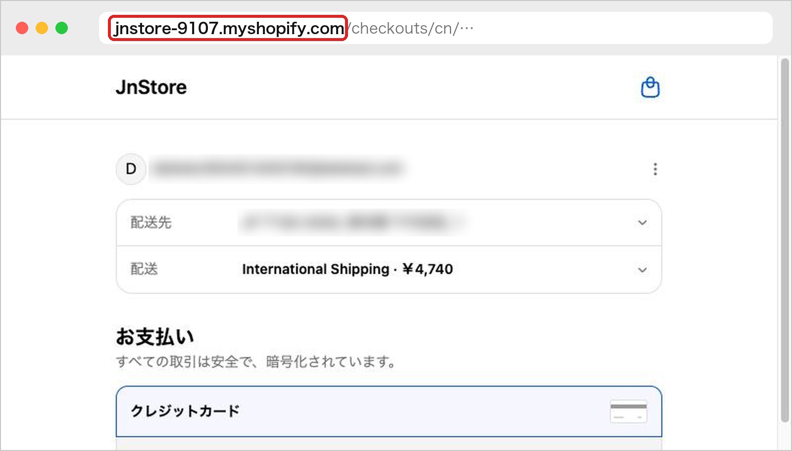 開発ストアの決済画面。アドレスバーのドメインがストアのドメインのままで、その後ろに /checkouts/ が続いている