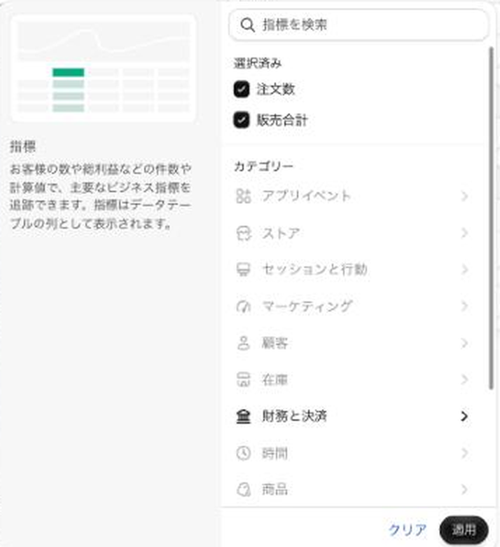 分析のレポートで指標を選ぶ一覧。カテゴリの一番上に「アプリイベント」がある
