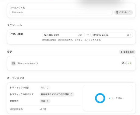 ロールアウトの画面。種類が「イベント」、イベント期間が12月26日0:00から12月31日23:30、変更に「年末セール 10%オフ」、対象が日本になっている