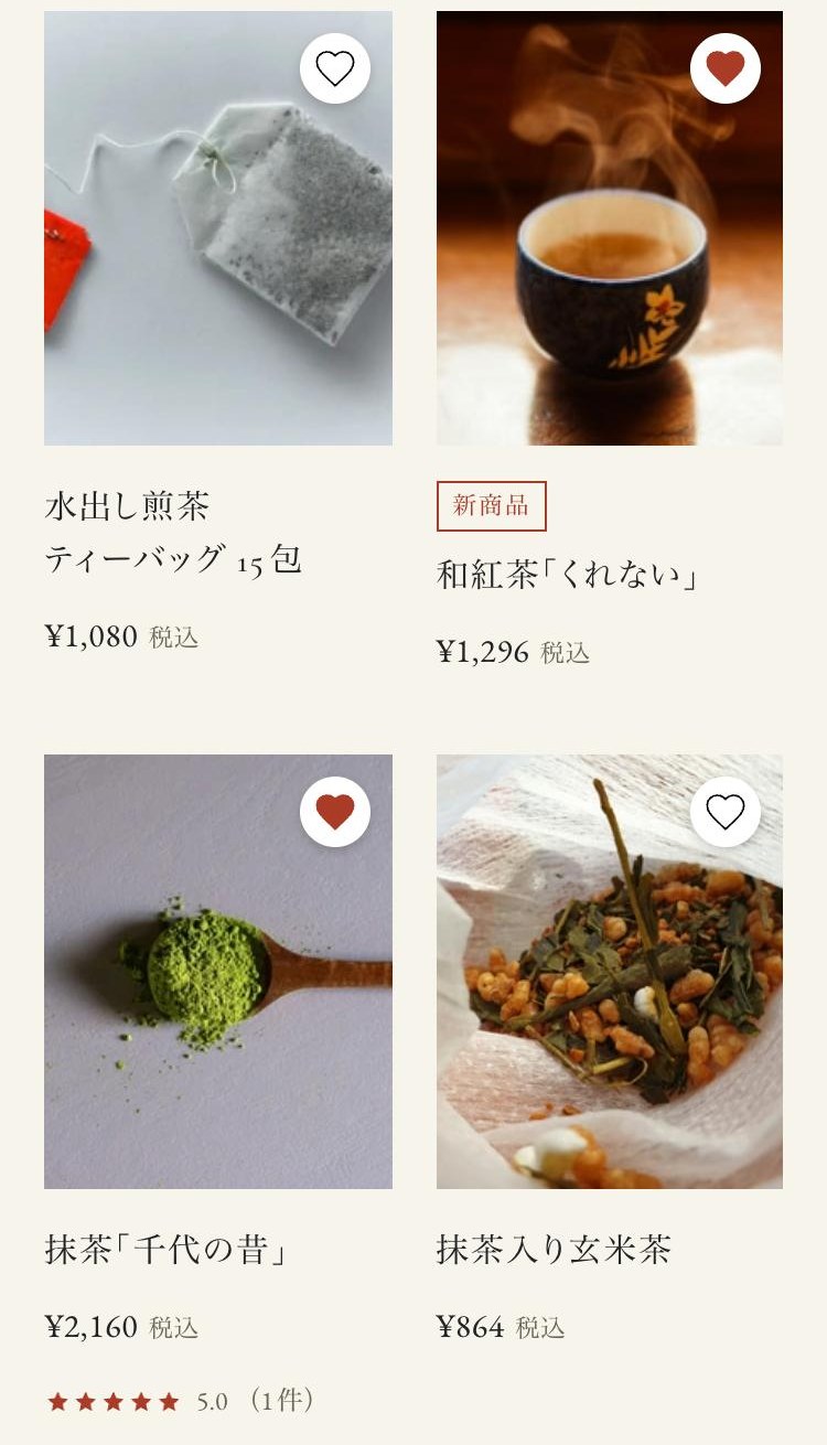 スマホでのコレクションページ。商品カードの右上にハートのボタン